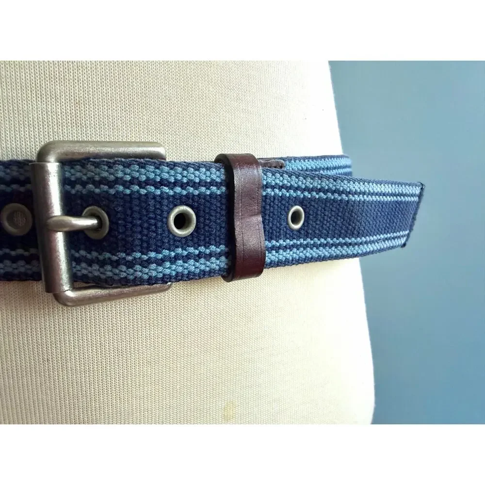 GAP Blue Striped Cotton Belt w/Leather Trim Mens sz 38